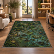 Enchanted swamp map rug with green marsh islands and winding blue waterways in a bright home office
