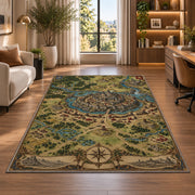 Medieval walled city map rug with surrounding rivers, roads, and compass in a bright home office