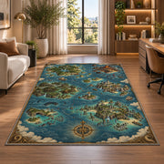 Fantasy archipelago map rug with blue ocean, castle islands, and sailing vessels in a bright home office