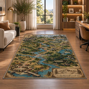 Fantasy trade route map rug with winding rivers, bridges, and woodland towns in a bright home office