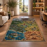 Fantasy campaign map rug with colorful kingdoms, flags, castles, and coastal terrain in a bright home office