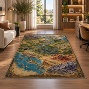 Fantasy coastal world map rug with harbor, desert, mountain ranges, and compass in a bright home office