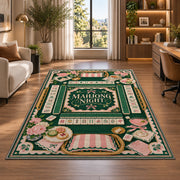Green and pink mahjong night rug in a bright home office