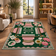 Green Mahjong Table Rug with Pink Floral Tea Details in a bright home office