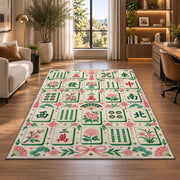 Cream Mahjong Tile Rug with Pink Floral Border in a bright home office