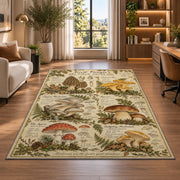 Vintage forest forager mushroom chart rug in a bright home office