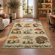 Vintage wild mushroom identification chart rug in a bright home office
