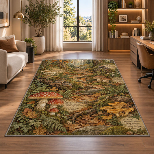 Autumn woodland path with toadstools rug in a bright home office