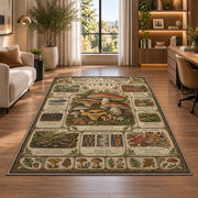 Vintage woodland mushroom almanac rug in a bright home office