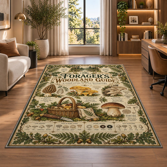 Vintage forager's woodland guide rug in a bright home office