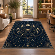 Navy and gold celestial zodiac wheel rug in a bright home office