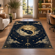 Sun and moon faces celestial rug in a bright home office