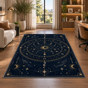 Astrology chart wheel with moon phases rug in a bright home office