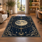 Full moon zodiac circle with floral corners rug in a bright home office