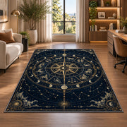 Zodiac compass star with constellations rug in a bright home office