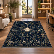 Floral celestial full moon night sky rug in a bright home office