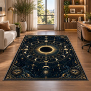 Solar eclipse zodiac with moon phases rug in a bright home office