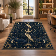 Mystic hands reaching for a crescent moon rug in a bright home office
