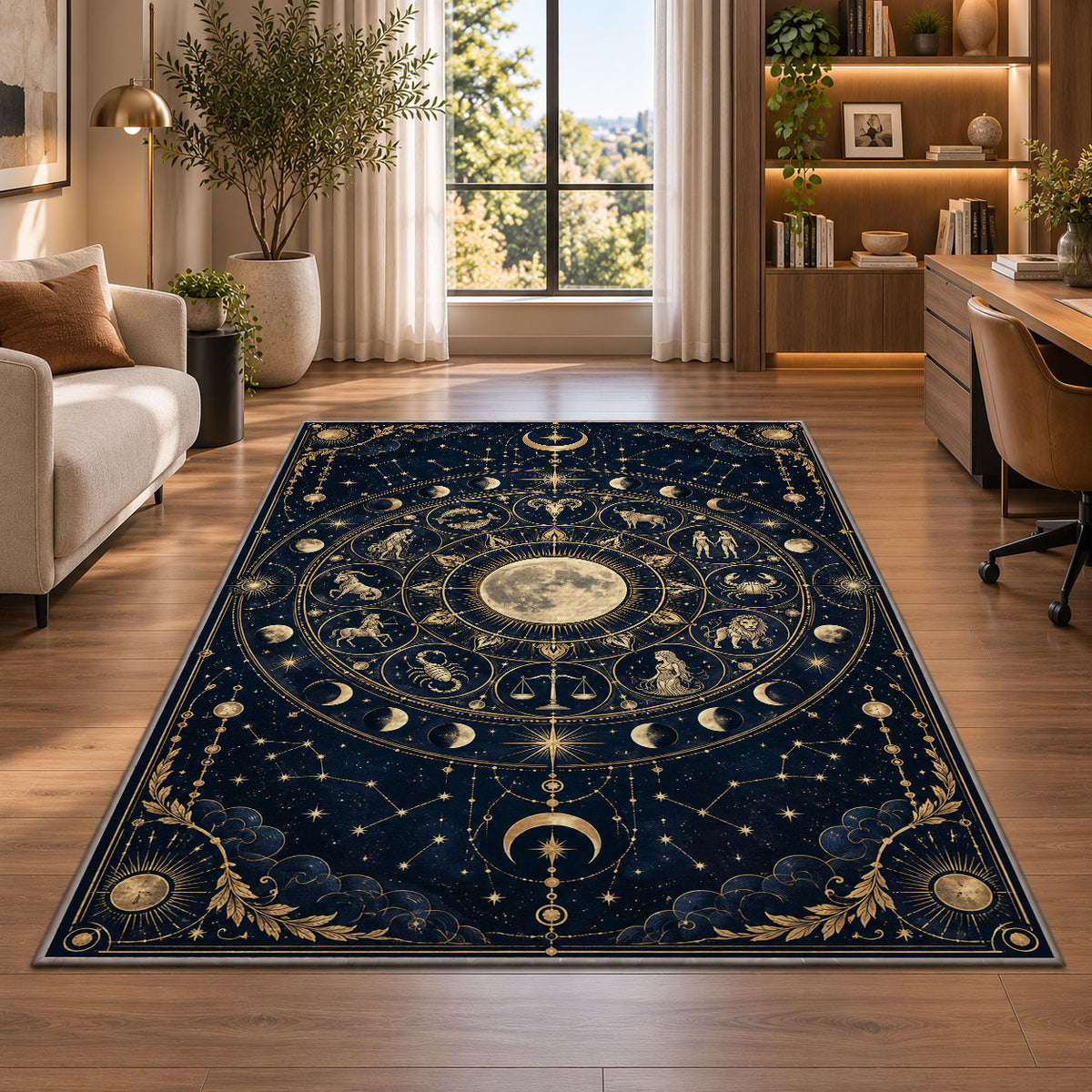 Full moon zodiac signs wheel rug in a bright home office