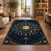 Full moon zodiac signs wheel rug in a bright home office