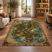 Vintage skull island treasure map rug in a bright home office