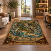 Vintage skull mountain pirate map rug in a bright home office