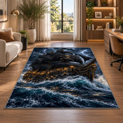 Black pirate ship in a stormy sea rug in a bright home office