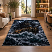 Lantern-lit pirate galleon in a lightning storm rug in a bright home office