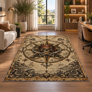 Pirate skull compass rose with crossed swords rug in a bright home office