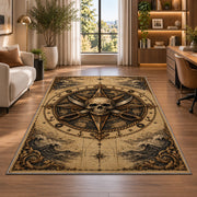 Sepia skull compass with crossed cutlasses rug in a bright home office