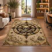 Light parchment skull nautical chart rug in a bright home office