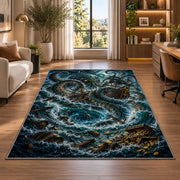 Kraken attacking a ship in a stormy sea rug in a bright home office