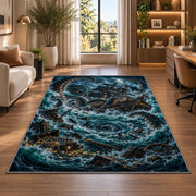Kraken whirlpool shipwreck rug in a bright home office