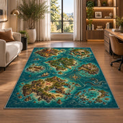 Pirate archipelago map with volcano and skull island rug in a bright home office