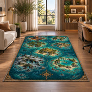 Tropical atoll pirate map rug in a bright home office