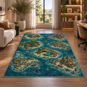 Pirate cove island map with shipwreck and sharks rug in a bright home office