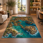 Aerial pirate harbor town with fortress rug in a bright home office