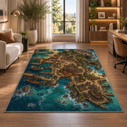 Aerial pirate port city with docks rug in a bright home office
