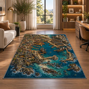 Aerial pirate docks with galleons rug in a bright home office