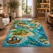 Cartoon kids pirate treasure map rug in a bright home office