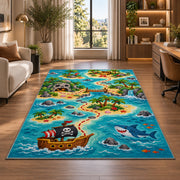 Cartoon pirate adventure island map rug in a bright home office