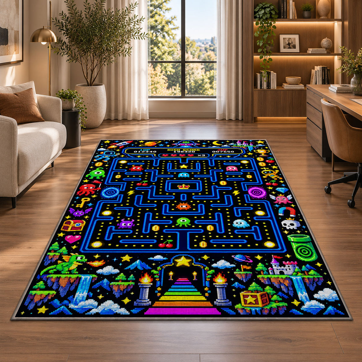Pixel arcade maze with castle level rug in a bright home office