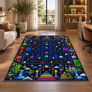 Pixel arcade maze with castle level rug in a bright home office