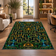 Jungle temple pixel maze rug in a bright home office
