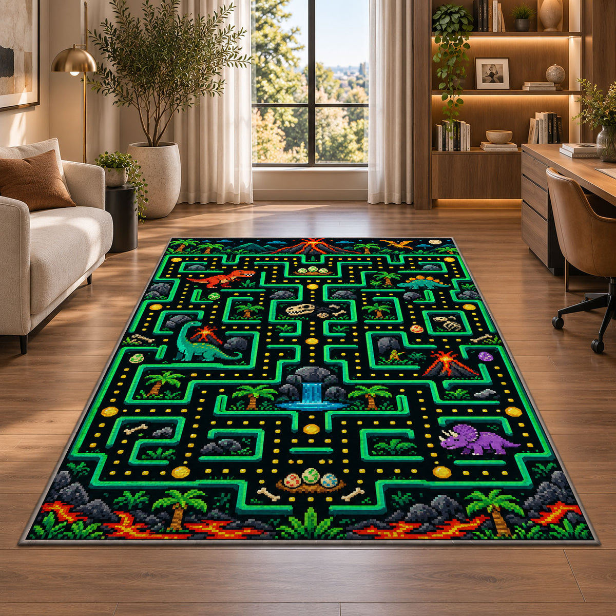 Dinosaur jungle arcade maze rug in a bright home office