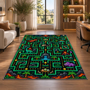 Dinosaur jungle arcade maze rug in a bright home office