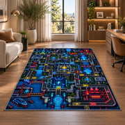 Futuristic sci-fi city circuit maze rug in a bright home office