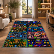 Multi-level arcade game board rug in a bright home office