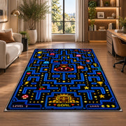 Arcade maze with boss and treasure goal rug in a bright home office