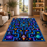 Outer space arcade maze rug in a bright home office